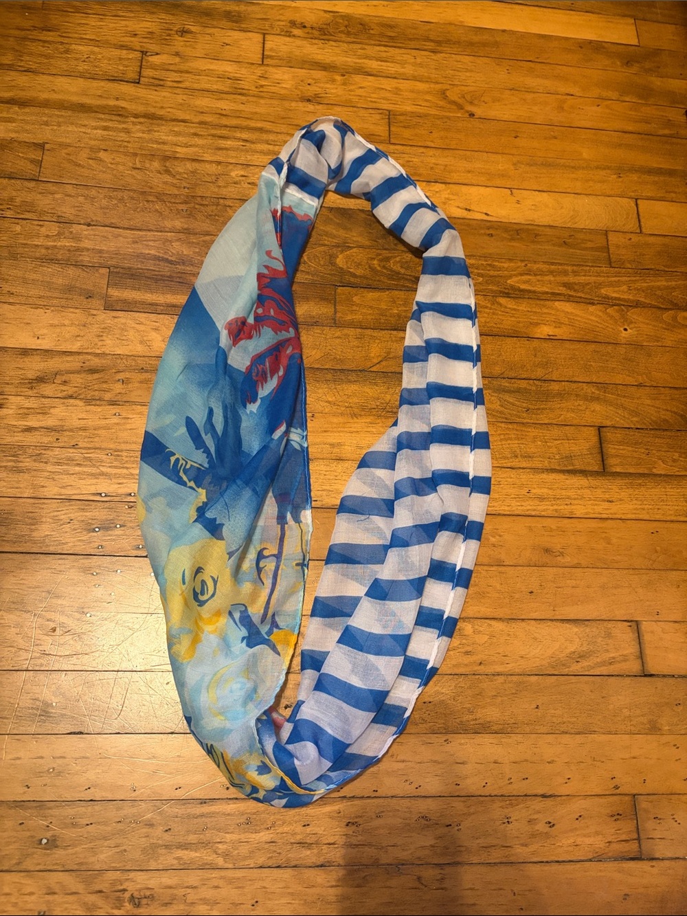Blue & White Striped Infinity Scarf with Colorful Floral Print
